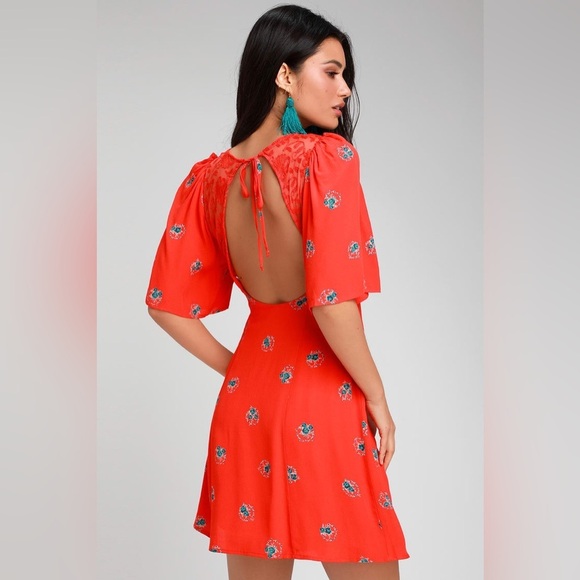 Free People Mockingbird Coral Red Floral Print
Backless Mini Dress sz 4 Sm/Med - Picture 1 of 10